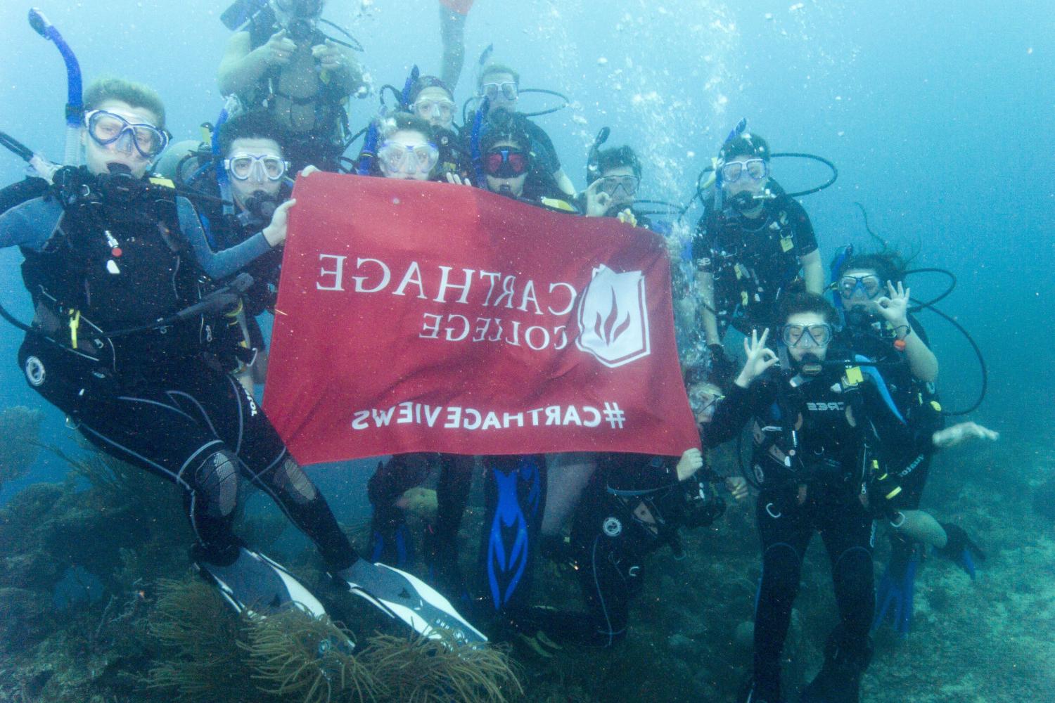 学生们手持<a href='http://q4u.daves-studio.com'>博彩网址大全</a>旗帜，在j学期洪都拉斯游学之旅中潜水.